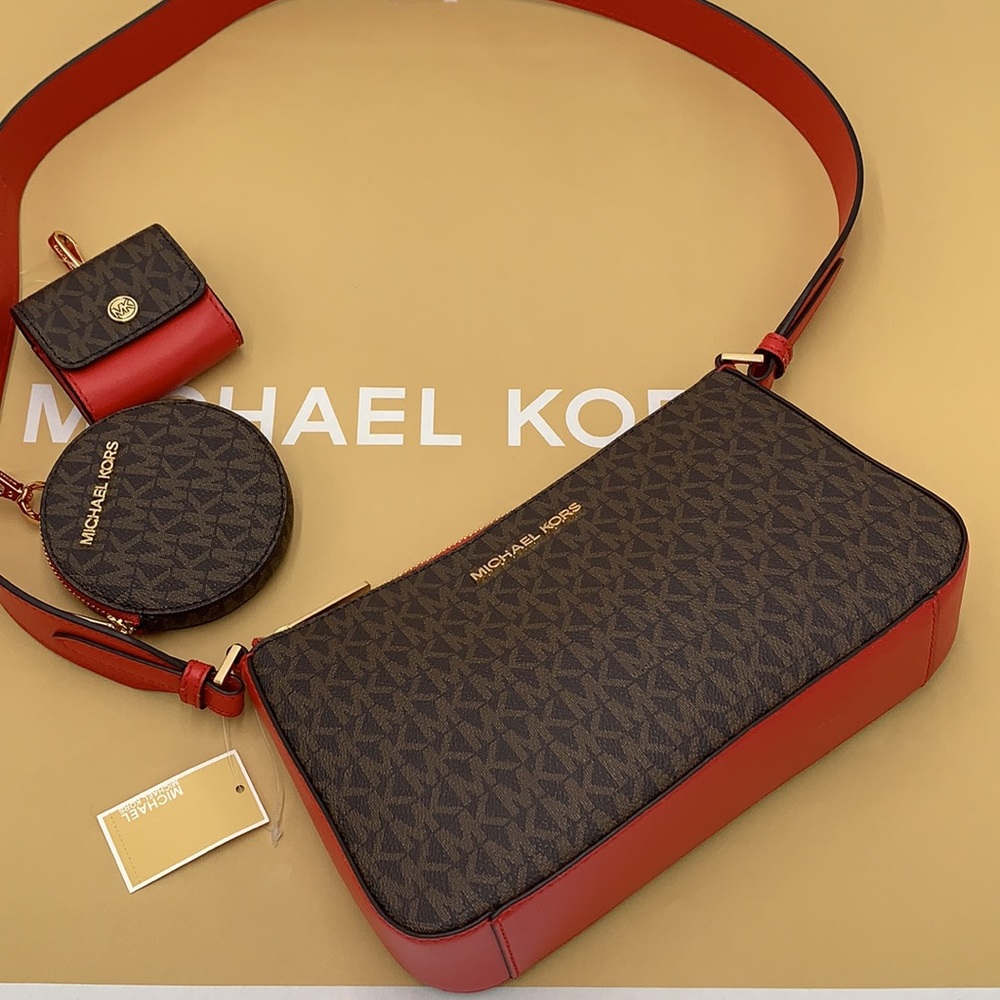 Michael Kors Jet Set Travel Small Crossbody w Tech Attch Flame/Brown signature - Picture 3 of 16